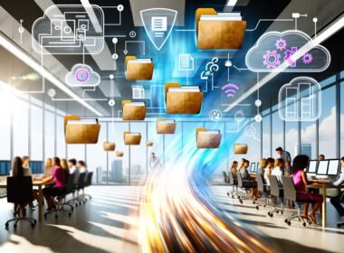 Dynamische Szene mit diversen Mitarbeitern, die an Bildschirmen arbeiten, bunte Datei-Icons und digitale Workflows im modernen Büro