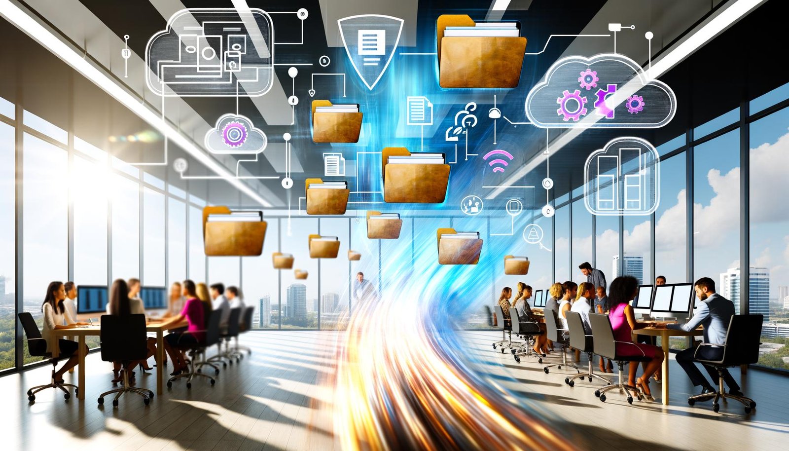 Dynamische Szene mit diversen Mitarbeitern, die an Bildschirmen arbeiten, bunte Datei-Icons und digitale Workflows im modernen Büro