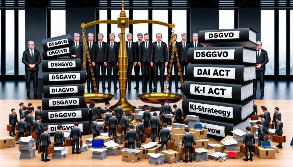 Deutsche Entwickler kämpfen mit Gesetzbüchern zu DSGVO, AI Act und KI-Strategie an einem überladenen Schreibtisch, während Bürokraten vor einer Waage mit Innovation und Kontrolle stehen.