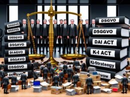 Deutsche Entwickler kämpfen mit Gesetzbüchern zu DSGVO, AI Act und KI-Strategie an einem überladenen Schreibtisch, während Bürokraten vor einer Waage mit Innovation und Kontrolle stehen.