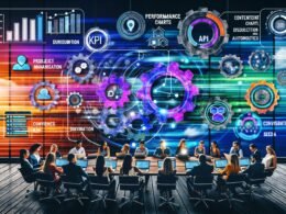 Editorial-Illustration eines digitalen Dashboards mit Leistungskennzahlen, Workflow-Diagramm, kollaborierenden Content Creators und technischen Verbindungslinien zwischen Tools für Projektmanagement, SEO, Content-Produktion und Analyse.