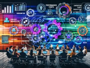 Editorial-Illustration eines digitalen Dashboards mit Leistungskennzahlen, Workflow-Diagramm, kollaborierenden Content Creators und technischen Verbindungslinien zwischen Tools für Projektmanagement, SEO, Content-Produktion und Analyse.