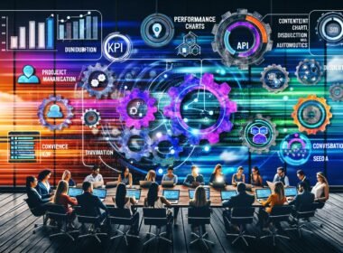 Editorial-Illustration eines digitalen Dashboards mit Leistungskennzahlen, Workflow-Diagramm, kollaborierenden Content Creators und technischen Verbindungslinien zwischen Tools für Projektmanagement, SEO, Content-Produktion und Analyse.