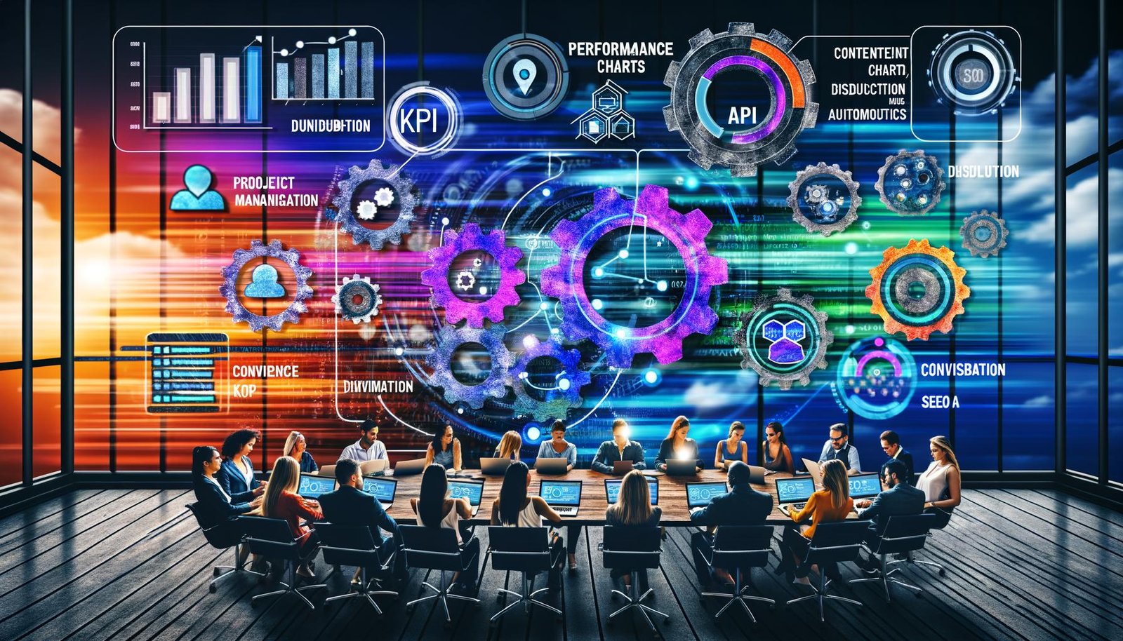 Editorial-Illustration eines digitalen Dashboards mit Leistungskennzahlen, Workflow-Diagramm, kollaborierenden Content Creators und technischen Verbindungslinien zwischen Tools für Projektmanagement, SEO, Content-Produktion und Analyse.