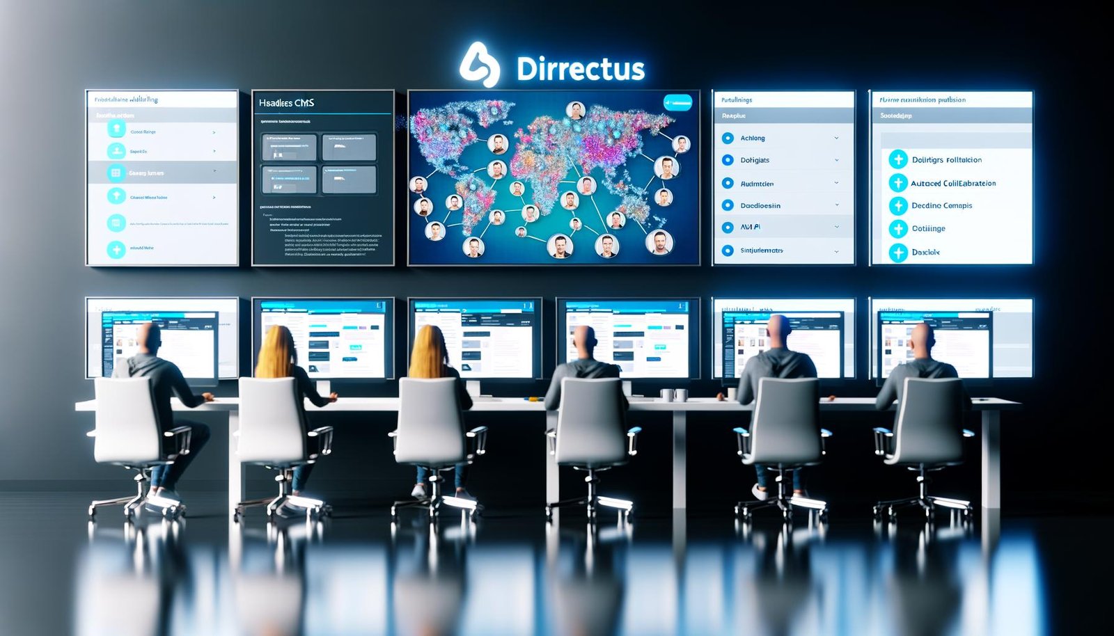 Modernes Redaktionsbüro mit großen Monitoren, Headless CMS Oberfläche, mehreren Content-Creatorn und futuristischen Kollaborations-Tools.