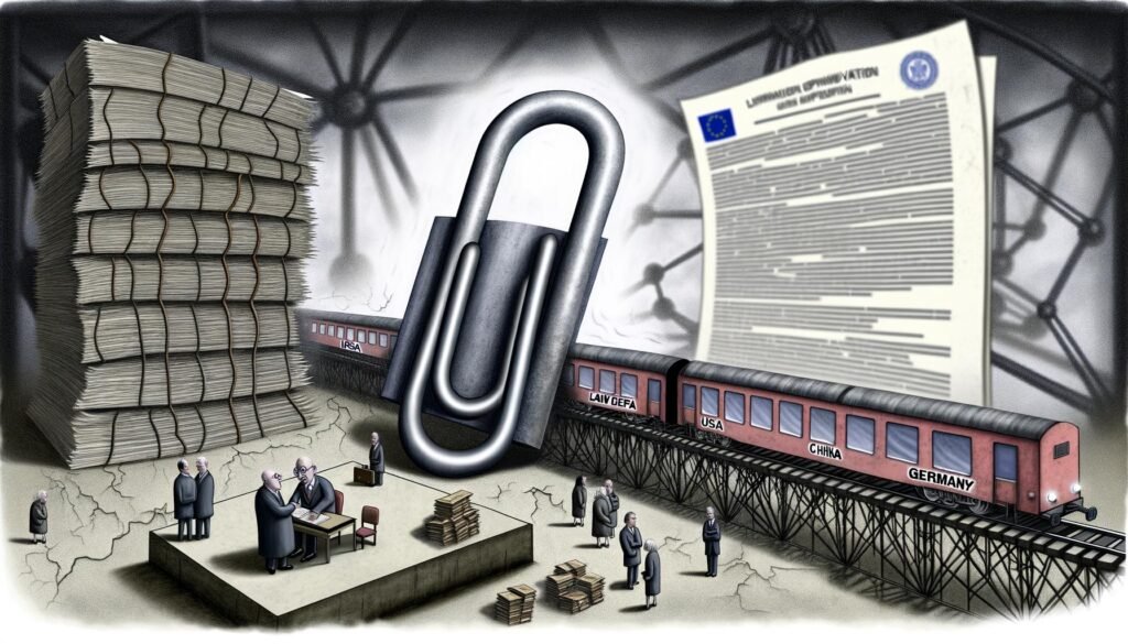 Symbolträchtiges Editorial-Bild mit überdimensionierter Büroklammer, die eine ineinandergreifende Maschinerie lahmlegt, Gesetzbücher und ernste Politiker im Vordergrund, innovationsgetriebener KI-Zug aus USA und China fährt im Hintergrund an Deutschland vorbei.