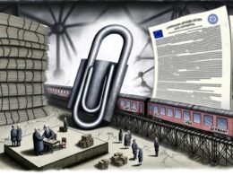 Symbolträchtiges Editorial-Bild mit überdimensionierter Büroklammer, die eine ineinandergreifende Maschinerie lahmlegt, Gesetzbücher und ernste Politiker im Vordergrund, innovationsgetriebener KI-Zug aus USA und China fährt im Hintergrund an Deutschland vorbei.