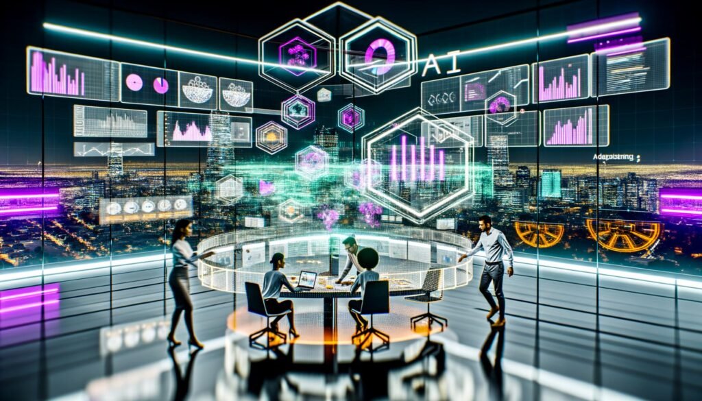 Futuristisches Büro mit digitalen Schnittstellen, Marketingteam analysiert zentrale Daten-Dashboards und KI-Profile, digitale Inhalte wechseln nahtlos zwischen Geräten