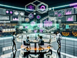 Futuristisches Büro mit digitalen Schnittstellen, Marketingteam analysiert zentrale Daten-Dashboards und KI-Profile, digitale Inhalte wechseln nahtlos zwischen Geräten