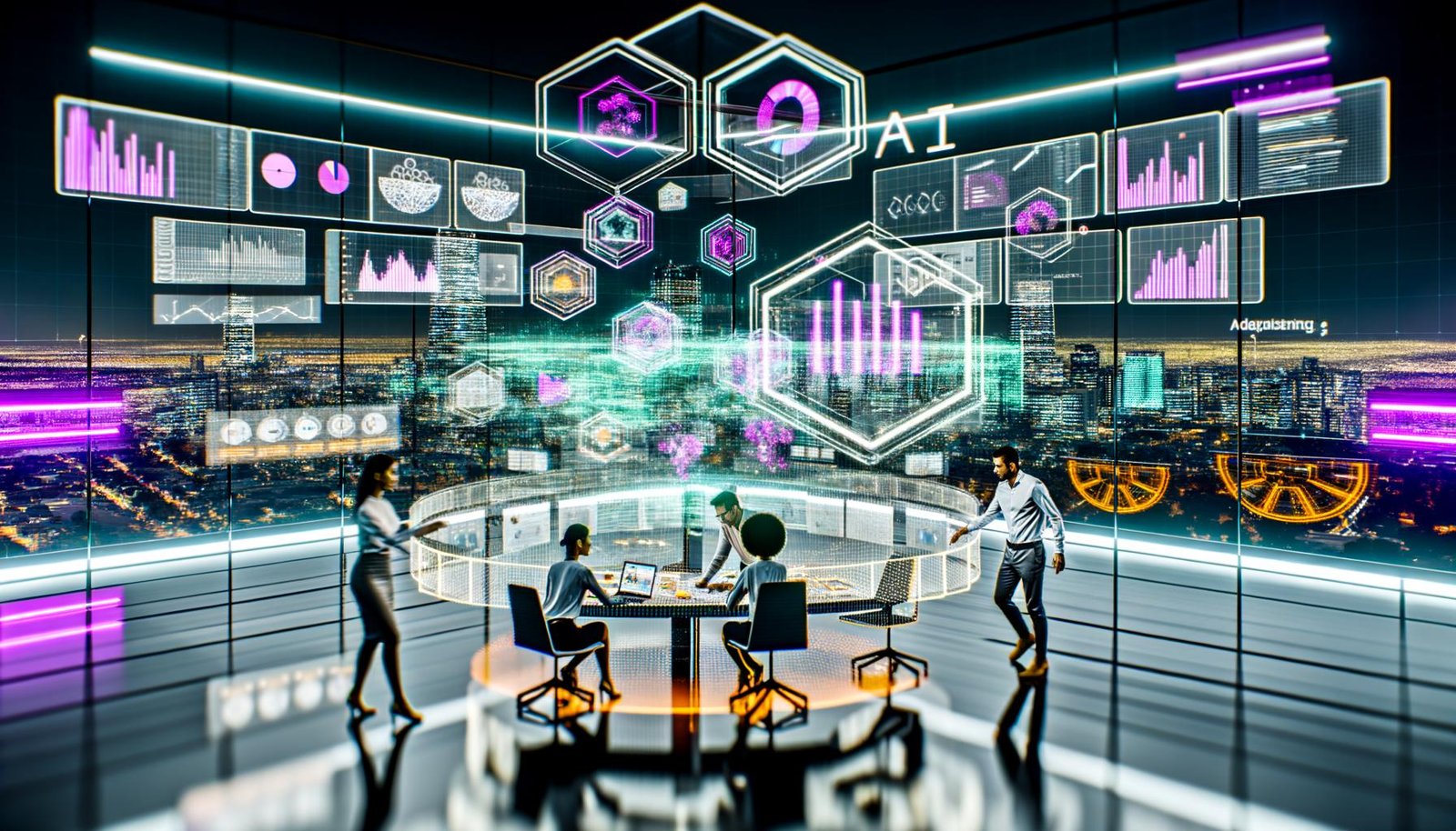 Futuristisches Büro mit digitalen Schnittstellen, Marketingteam analysiert zentrale Daten-Dashboards und KI-Profile, digitale Inhalte wechseln nahtlos zwischen Geräten