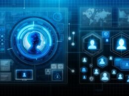 Digitale Schaltzentrale mit holografischem Content-Plan, umgeben von Datendiagrammen, User-Avataren und Geräten im Blueprint-Stil, davor eine durchsichtige User-Silhouette mit leuchtenden Profildaten.