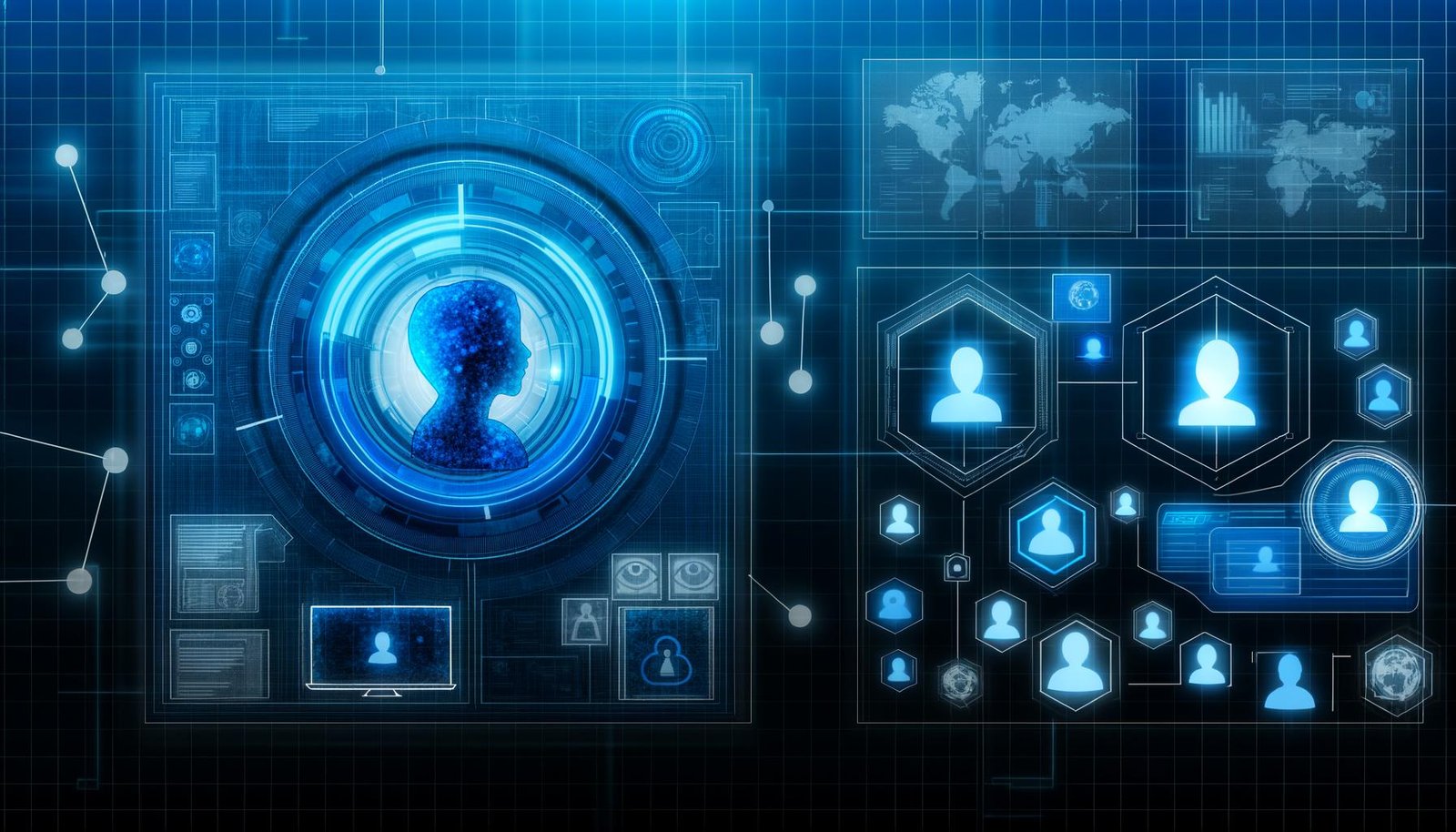 Digitale Schaltzentrale mit holografischem Content-Plan, umgeben von Datendiagrammen, User-Avataren und Geräten im Blueprint-Stil, davor eine durchsichtige User-Silhouette mit leuchtenden Profildaten.