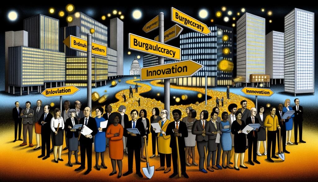 Gruppe von Geschäftsleuten und Politikern steht an einem Straßenkreuz mit Beschilderungen zu Bürokratie, KI-Regulierung und Innovation, Stadt im Hintergrund mit Datenströmen und Goldnuggets.