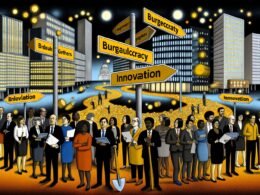 Gruppe von Geschäftsleuten und Politikern steht an einem Straßenkreuz mit Beschilderungen zu Bürokratie, KI-Regulierung und Innovation, Stadt im Hintergrund mit Datenströmen und Goldnuggets.