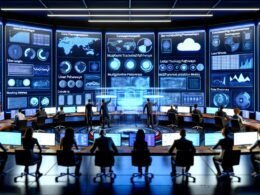Futuristischer Kontrollraum mit Marketern und Datenanalysten vor digitalen Dashboards, Datenströmen, holografischen Nutzerreisen und Datenschutz-Icons.
