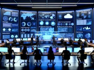 Futuristischer Kontrollraum mit Marketern und Datenanalysten vor digitalen Dashboards, Datenströmen, holografischen Nutzerreisen und Datenschutz-Icons.