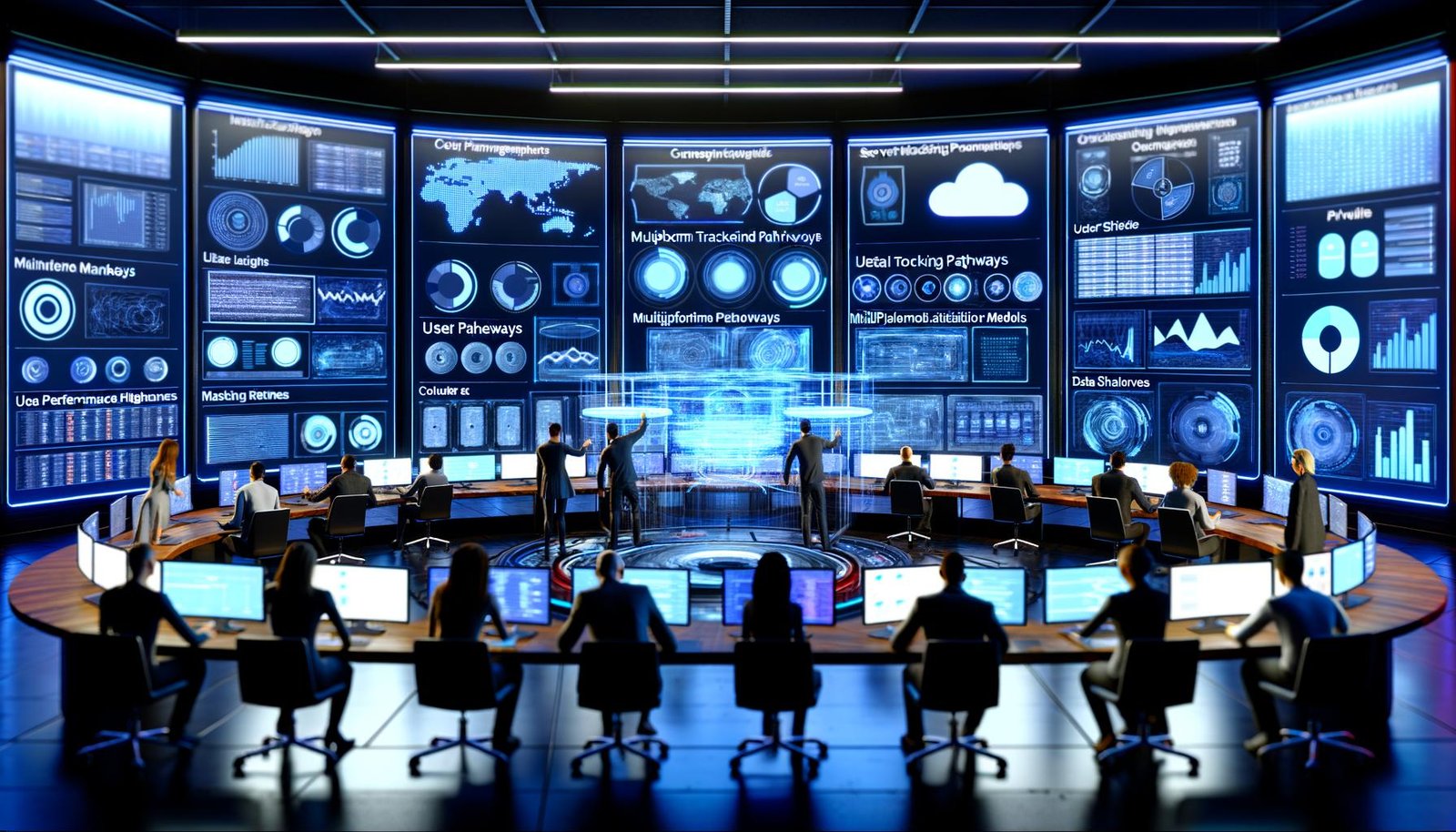 Futuristischer Kontrollraum mit Marketern und Datenanalysten vor digitalen Dashboards, Datenströmen, holografischen Nutzerreisen und Datenschutz-Icons.