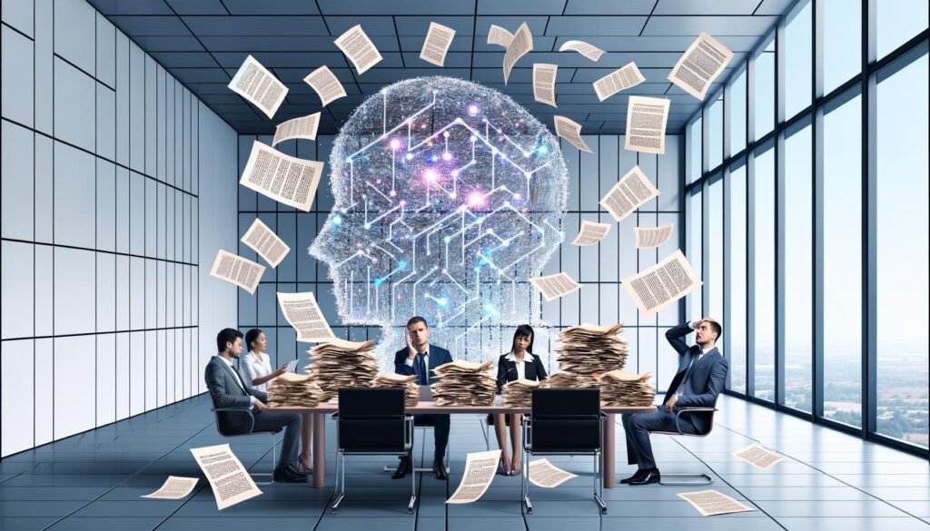 Moderner Konferenzraum mit gestressten Politikern, Juristen und Entwicklern, umgeben von Akten und leuchtender, abstrakter KI-Grafik im Hintergrund.