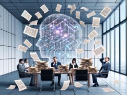 Moderner Konferenzraum mit gestressten Politikern, Juristen und Entwicklern, umgeben von Akten und leuchtender, abstrakter KI-Grafik im Hintergrund.