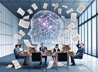 Moderner Konferenzraum mit gestressten Politikern, Juristen und Entwicklern, umgeben von Akten und leuchtender, abstrakter KI-Grafik im Hintergrund.