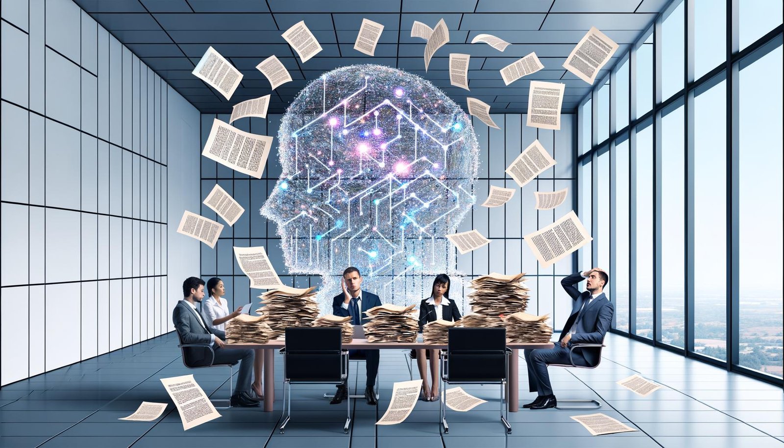 Moderner Konferenzraum mit gestressten Politikern, Juristen und Entwicklern, umgeben von Akten und leuchtender, abstrakter KI-Grafik im Hintergrund.