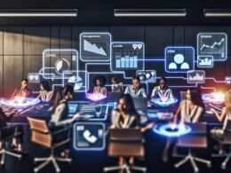 Team aus Marketing, Datenanalyse und IT-Mitarbeitern kooperiert vor leuchtenden digitalen Bildschirmen mit verknüpften Marketing-Kanälen und live Datenströmen in moderner Büroumgebung.