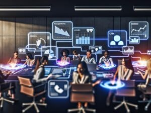 Team aus Marketing, Datenanalyse und IT-Mitarbeitern kooperiert vor leuchtenden digitalen Bildschirmen mit verknüpften Marketing-Kanälen und live Datenströmen in moderner Büroumgebung.