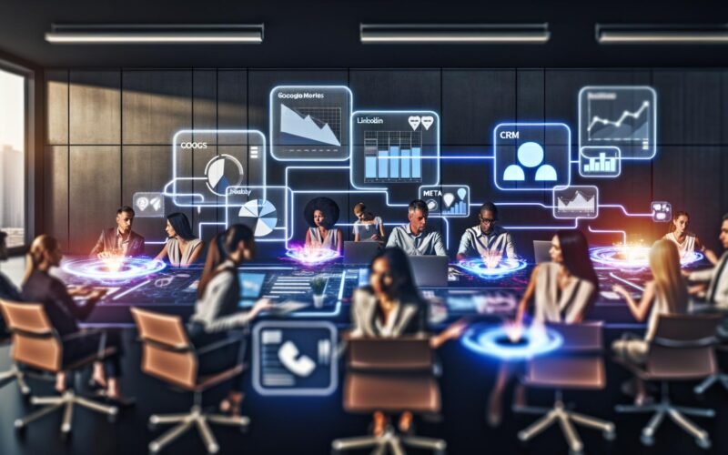 Team aus Marketing, Datenanalyse und IT-Mitarbeitern kooperiert vor leuchtenden digitalen Bildschirmen mit verknüpften Marketing-Kanälen und live Datenströmen in moderner Büroumgebung.