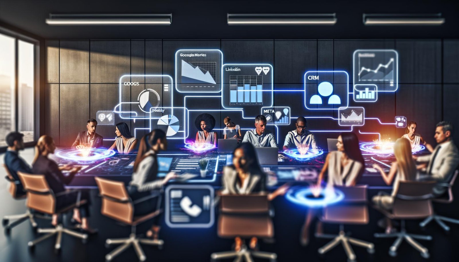 Team aus Marketing, Datenanalyse und IT-Mitarbeitern kooperiert vor leuchtenden digitalen Bildschirmen mit verknüpften Marketing-Kanälen und live Datenströmen in moderner Büroumgebung.