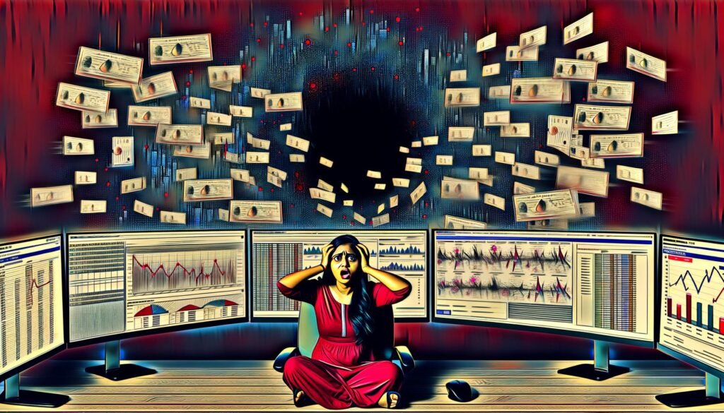 Digitale Illustration: Gestresster Marketer vor mehreren Screens mit überladenen Dashboards und Warnsymbolen, umgeben von schwebenden Rechnungen und zerfallenden Pixelanzeigen im dunklen Hintergrund.