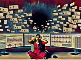 Digitale Illustration: Gestresster Marketer vor mehreren Screens mit überladenen Dashboards und Warnsymbolen, umgeben von schwebenden Rechnungen und zerfallenden Pixelanzeigen im dunklen Hintergrund.