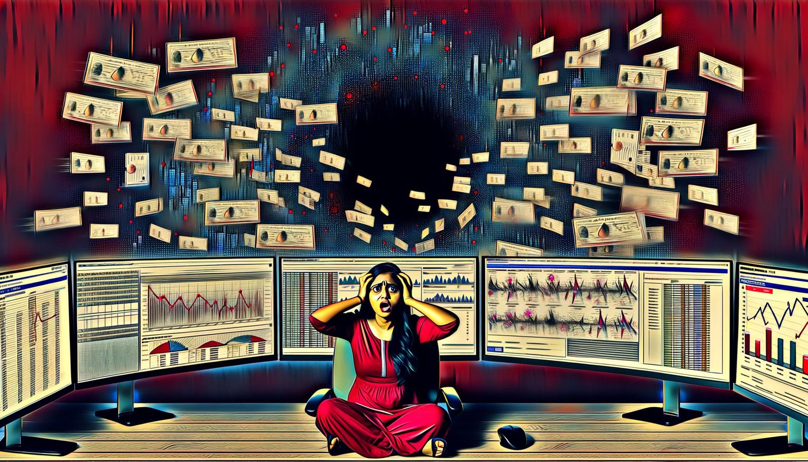 Digitale Illustration: Gestresster Marketer vor mehreren Screens mit überladenen Dashboards und Warnsymbolen, umgeben von schwebenden Rechnungen und zerfallenden Pixelanzeigen im dunklen Hintergrund.