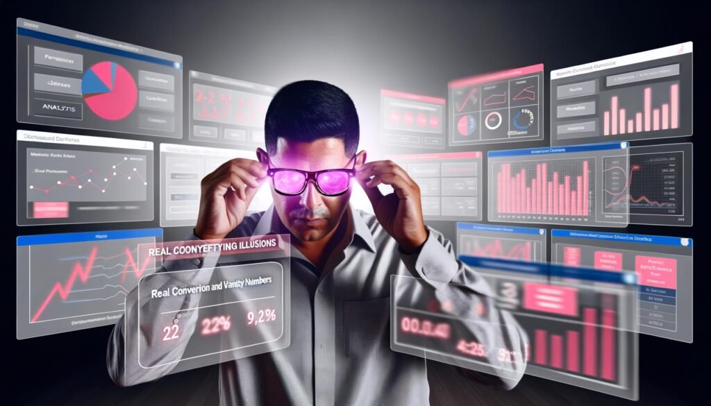 Marketer analysiert leuchtendes Analytics-Dashboard mit echten Konversions- und Verkaufsmetriken vor digitalen Marketing-Dashboards in einem modernen Workspace.