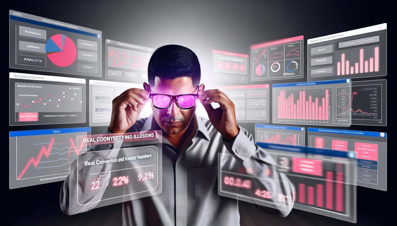 Marketer analysiert leuchtendes Analytics-Dashboard mit echten Konversions- und Verkaufsmetriken vor digitalen Marketing-Dashboards in einem modernen Workspace.