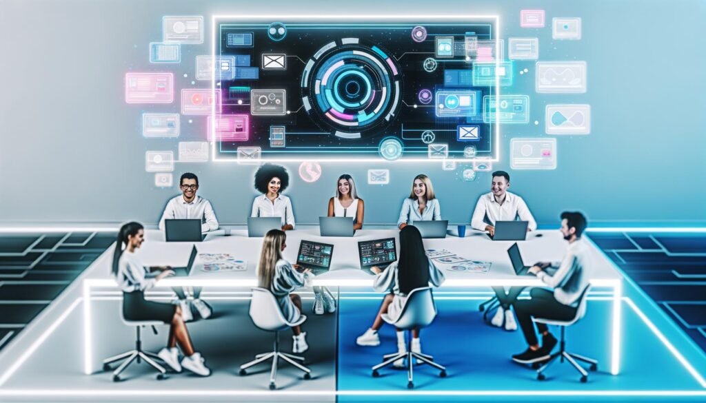 Futuristisches Büro mit kollaborierenden Fachleuten, die an Laptops und Tablets interagieren, während holografische Diagramme und das Directus-Logo auf einem großen Bildschirm sichtbar sind.