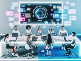 Futuristisches Büro mit kollaborierenden Fachleuten, die an Laptops und Tablets interagieren, während holografische Diagramme und das Directus-Logo auf einem großen Bildschirm sichtbar sind.