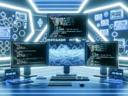 Ein stilisierter Workspace mit mehreren Computermonitoren voller Directus- und GraphQL-Code, API-Diagrammen, Datengrafiken und digitalen Haifischflossen vor leuchtend blauer LED-Kulisse.