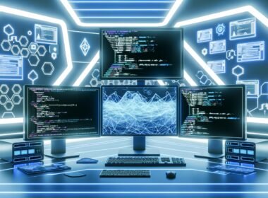 Ein stilisierter Workspace mit mehreren Computermonitoren voller Directus- und GraphQL-Code, API-Diagrammen, Datengrafiken und digitalen Haifischflossen vor leuchtend blauer LED-Kulisse.