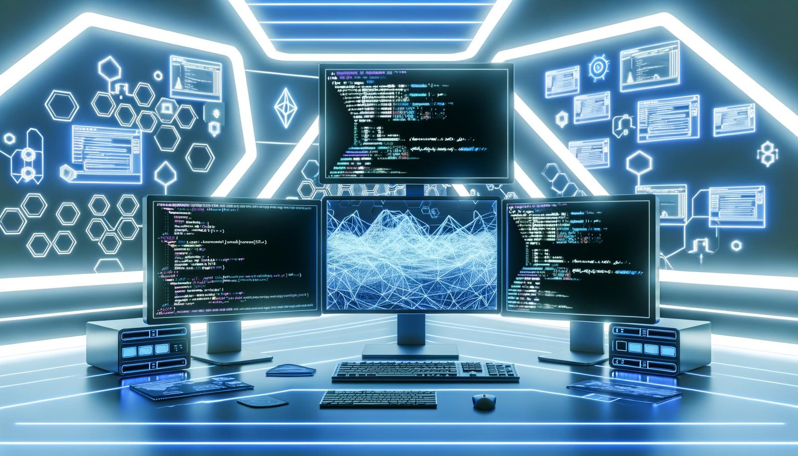Ein stilisierter Workspace mit mehreren Computermonitoren voller Directus- und GraphQL-Code, API-Diagrammen, Datengrafiken und digitalen Haifischflossen vor leuchtend blauer LED-Kulisse.