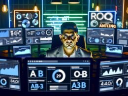 Fokussierter Marketer analysiert im Cyberpunk-Büro bei Nacht mehrere Monitore mit Analytics-Dashboards, umgeben von Post-its mit Marketing-Fachbegriffen.
