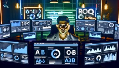 Fokussierter Marketer analysiert im Cyberpunk-Büro bei Nacht mehrere Monitore mit Analytics-Dashboards, umgeben von Post-its mit Marketing-Fachbegriffen.