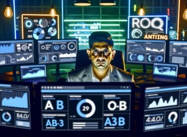 Fokussierter Marketer analysiert im Cyberpunk-Büro bei Nacht mehrere Monitore mit Analytics-Dashboards, umgeben von Post-its mit Marketing-Fachbegriffen.