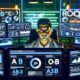 Fokussierter Marketer analysiert im Cyberpunk-Büro bei Nacht mehrere Monitore mit Analytics-Dashboards, umgeben von Post-its mit Marketing-Fachbegriffen.