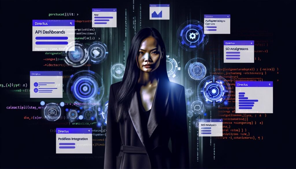 Illustration eines Entwicklers vor schwebenden Directus-Dashboards, API-Endpunkten, Codeschnipseln und SEO-Analysen, mit digitalem Schlachtfeld und zerbrechenden Marketing-Buzzwords im Hintergrund.