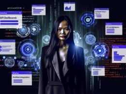 Illustration eines Entwicklers vor schwebenden Directus-Dashboards, API-Endpunkten, Codeschnipseln und SEO-Analysen, mit digitalem Schlachtfeld und zerbrechenden Marketing-Buzzwords im Hintergrund.