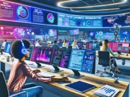 Dynamisches Großraumbüro einer Digitalagentur mit jungen, diversen Teams, die an großen Monitoren und Tablets von bunten Dashboards, KI-Tools und Automatisierung unterstützt werden.