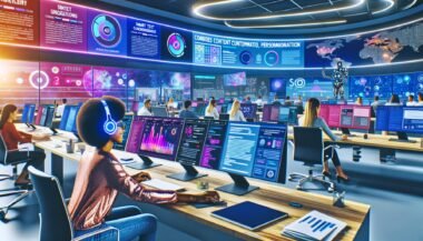 Dynamisches Großraumbüro einer Digitalagentur mit jungen, diversen Teams, die an großen Monitoren und Tablets von bunten Dashboards, KI-Tools und Automatisierung unterstützt werden.