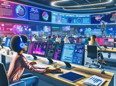 Dynamisches Großraumbüro einer Digitalagentur mit jungen, diversen Teams, die an großen Monitoren und Tablets von bunten Dashboards, KI-Tools und Automatisierung unterstützt werden.