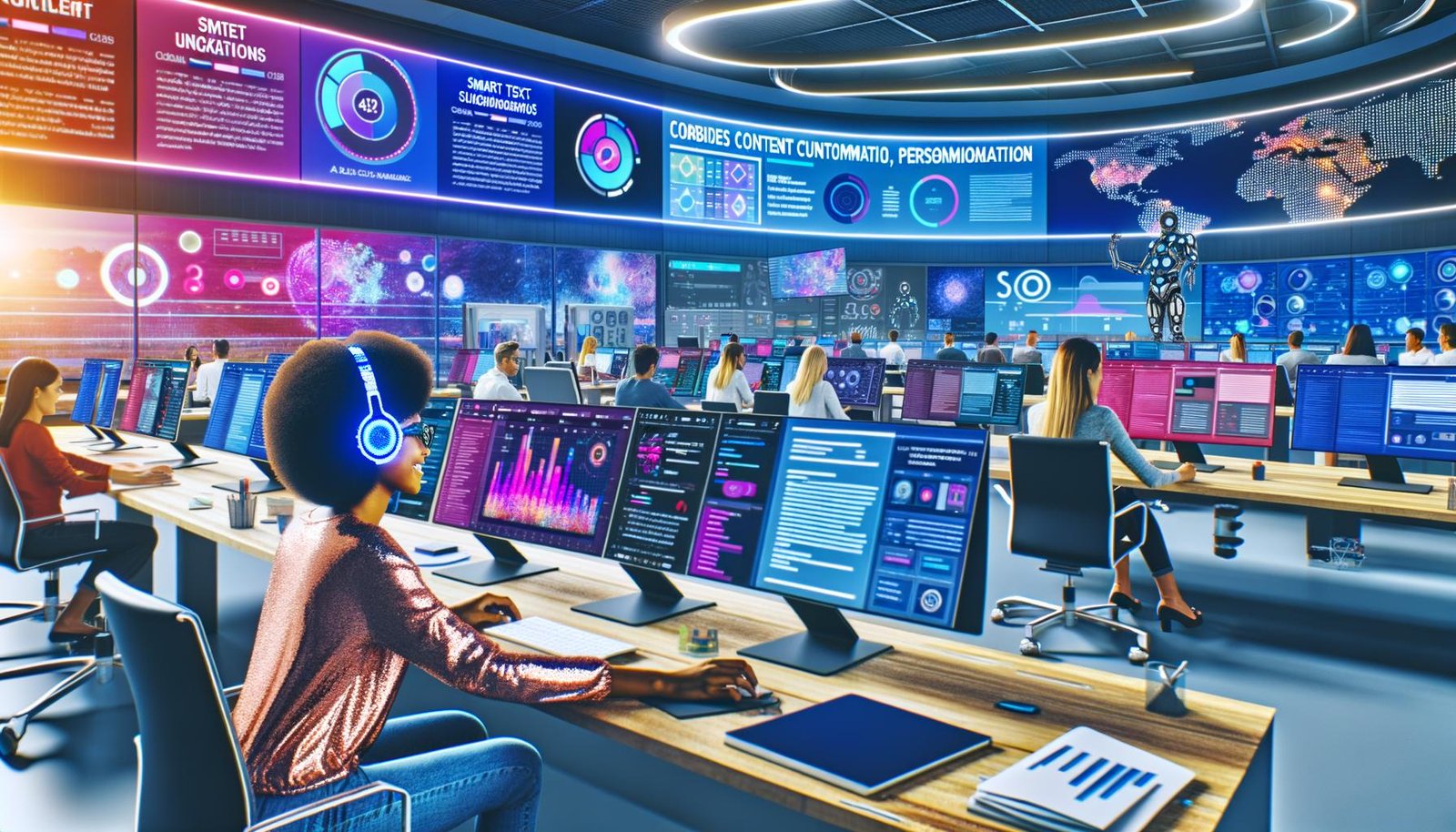 Dynamisches Großraumbüro einer Digitalagentur mit jungen, diversen Teams, die an großen Monitoren und Tablets von bunten Dashboards, KI-Tools und Automatisierung unterstützt werden.