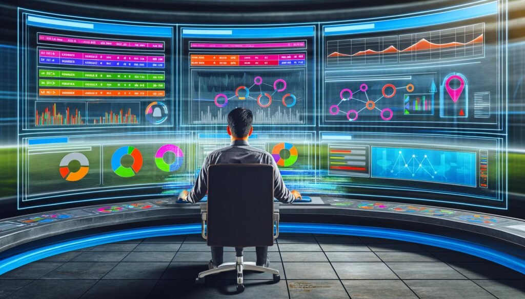 Marketer an futuristischem Kontrollzentrum mit Dashboards, Echtzeit-Marketingdaten und Analysen aus verschiedenen Kanälen